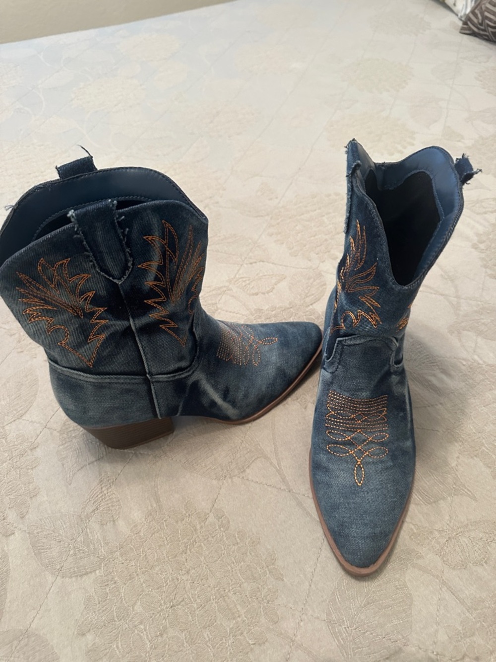 Women's Denim-Style Western Boots with Copper Stitching